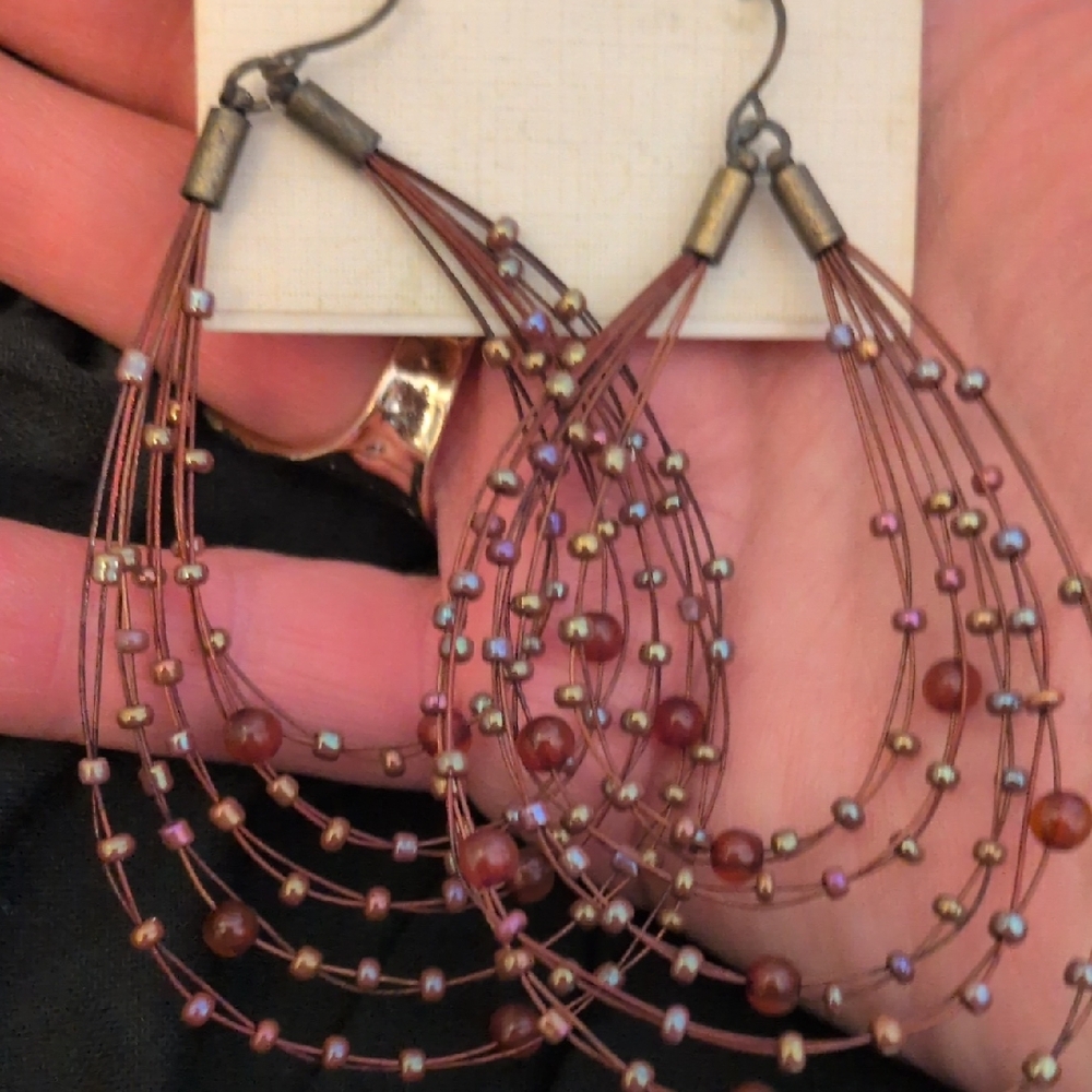 Robert Rose Rose-Pink Multi-Strand Beaded Hoop Boho  Earrings - Picture 5 of 5